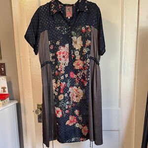 Johnny Was Navy Floral Patchwork Silk Dress